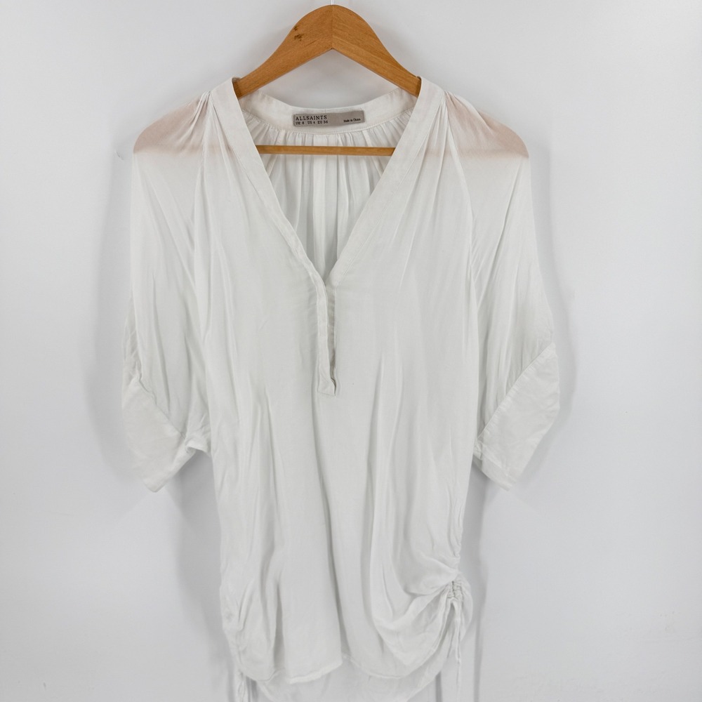 AllSaints Isle Top White Size 4 Ruched V-Neck Viscose Blouse Minimalist Staple
